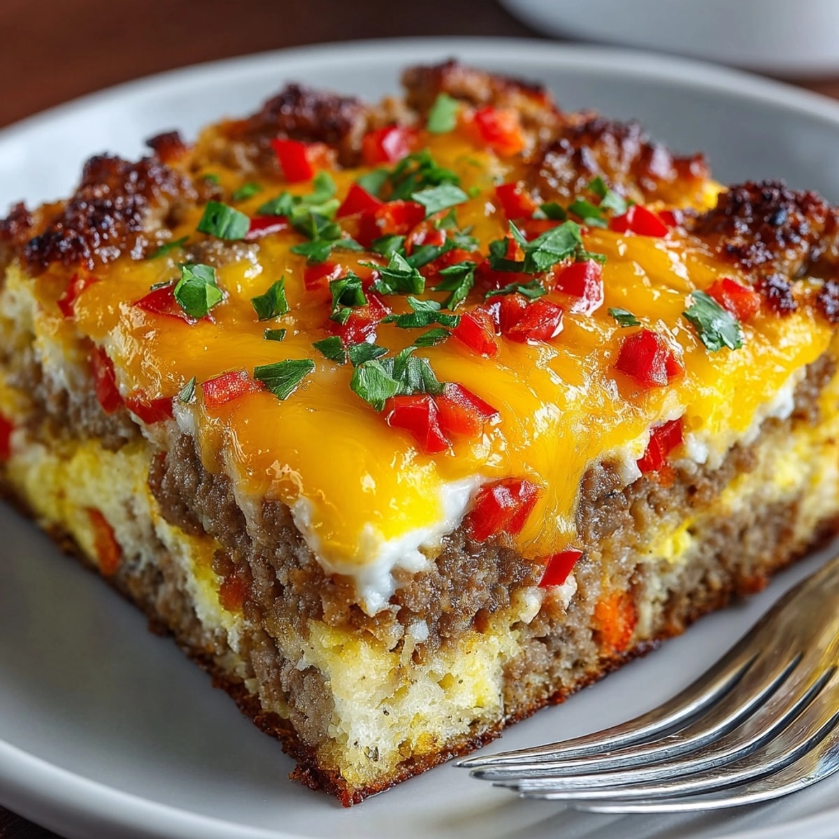 Breakfast Casserole with Sausage and Cheddar Cheese baked golden, bubbling, and ready for serving family-style.
