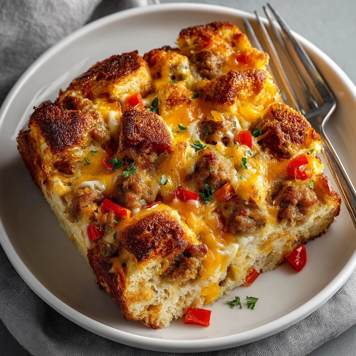 Close-up of sliced Breakfast Casserole with Sausage and Cheddar Cheese, showing savory sausage and crusty edges.