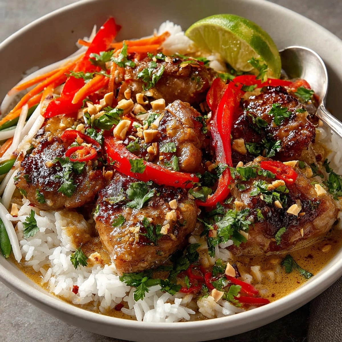 Colorful Thai Curry Chicken Rice Bowl with Coconut Sauce topped with fresh cilantro and lime wedges