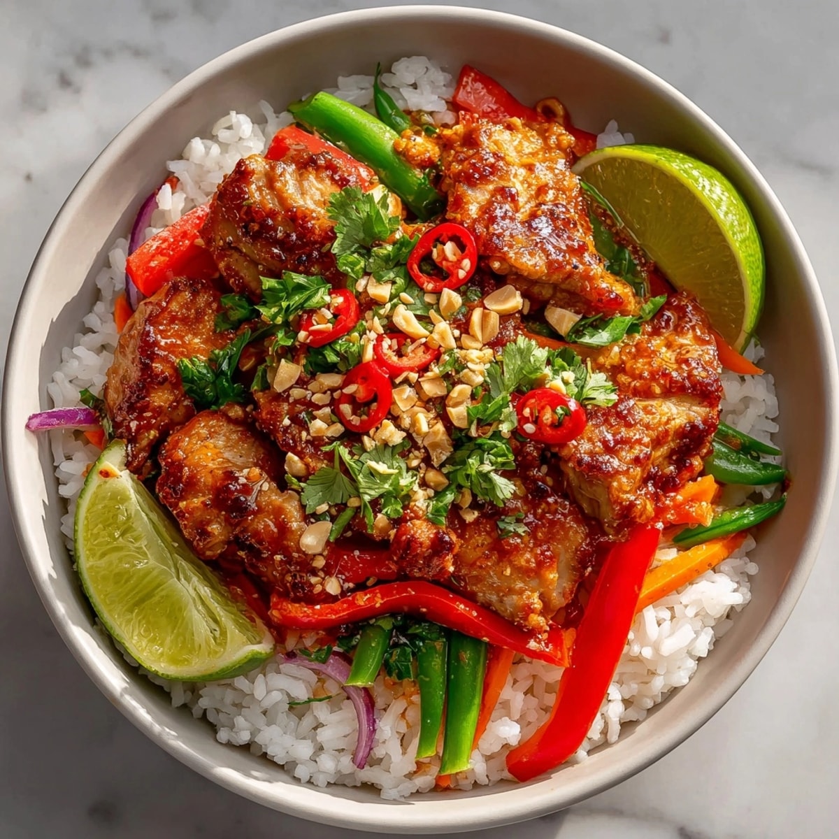 Hearty Thai Curry Chicken Rice Bowl served hot, showcasing jasmine rice, veggies, and coconut curry