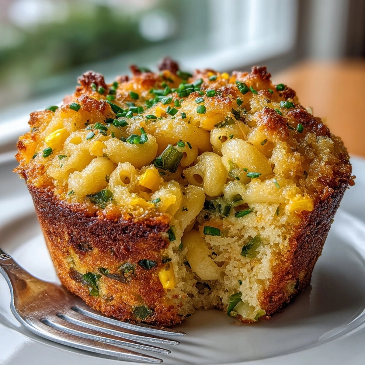 Golden mac and cheese jalapeño cornbread muffins fresh from the oven on a wire rack.