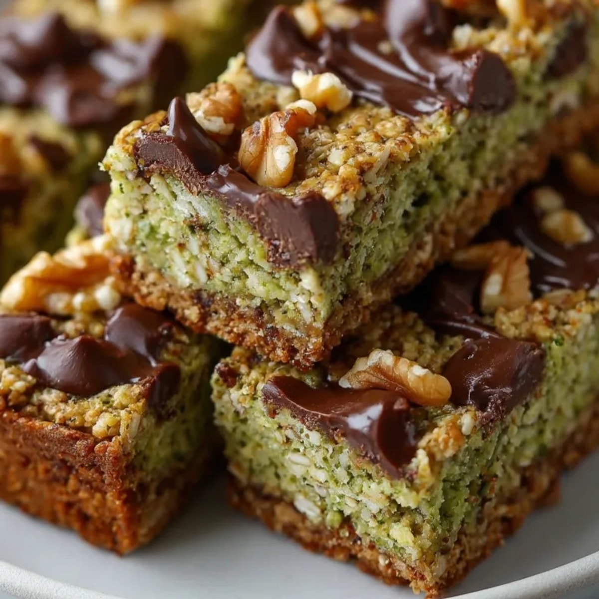 Thick, chewy avocado chocolate chip energy bars stacked on parchment, showcasing gooey chocolate and nutty texture.