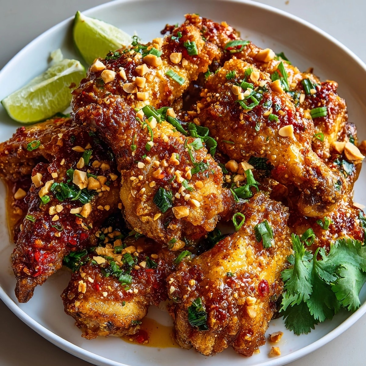 Peanut Butter Sriracha Chicken Wings glazed in spicy-sweet sauce, garnished with peanuts and green onions on platter.