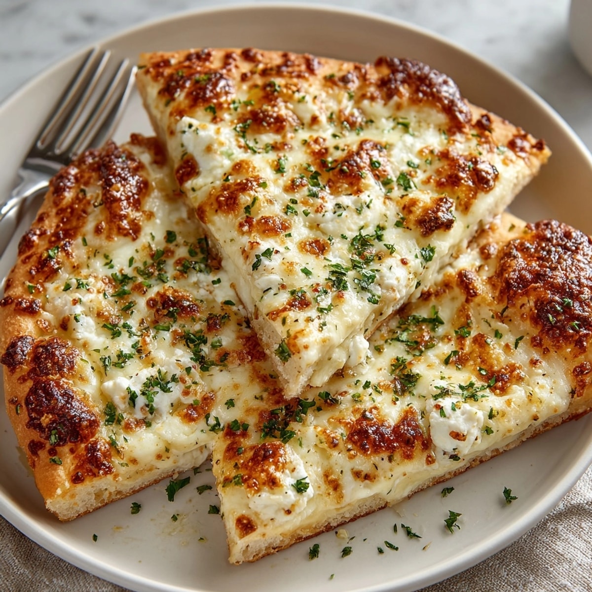 Garlic Butter Alfredo Flatbread piled high with gooey mozzarella and fresh herb garnish, just sliced for serving