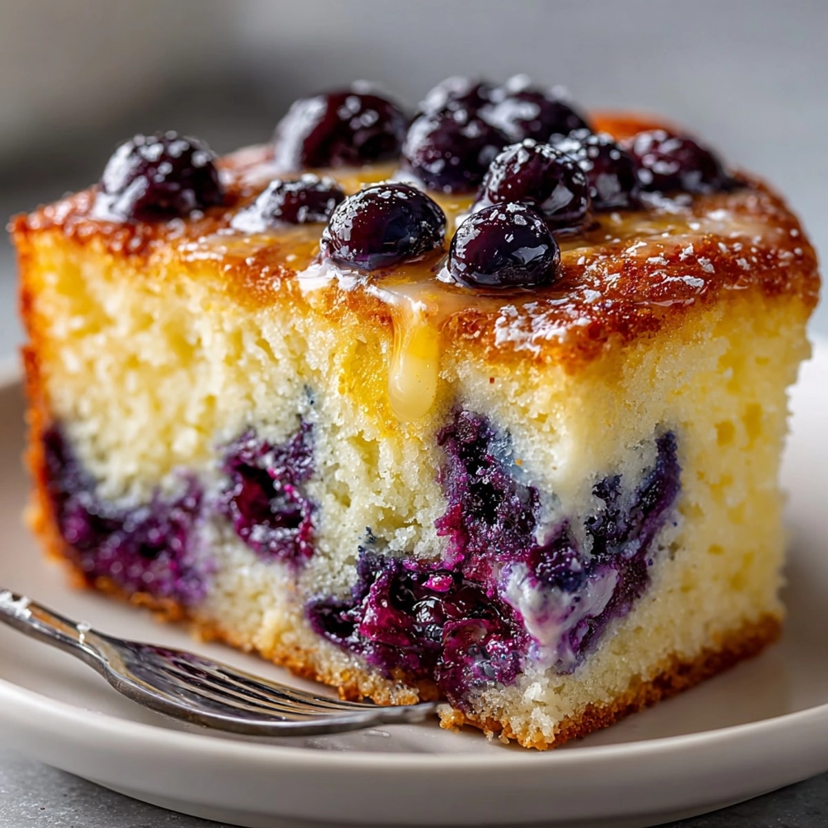 Ricotta Blueberry Breakfast Cake sliced and dusted with powdered sugar for a cozy brunch.
