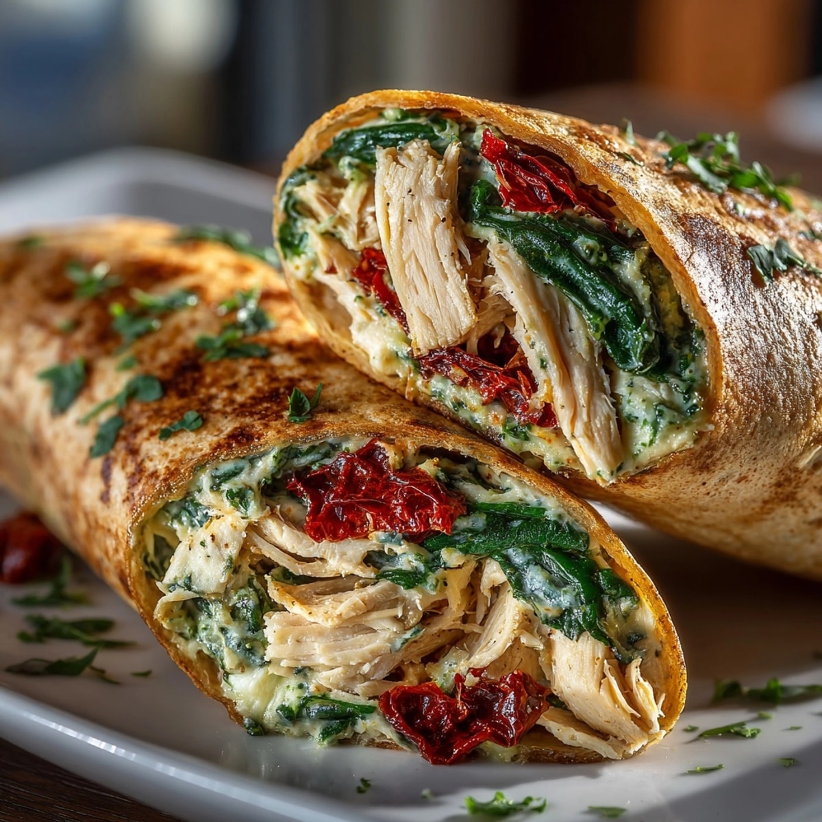 Freshly made chicken pesto wraps sliced in half, overflowing with colorful spinach, tomatoes, and melted cheese.