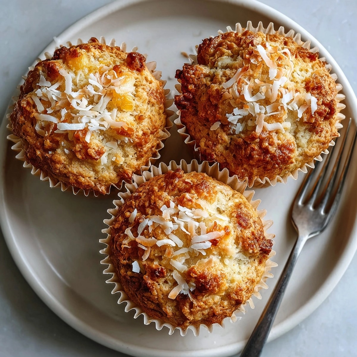 Warm coconut and pineapple cottage cheese muffins displayed in a basket for breakfast or snack time.
