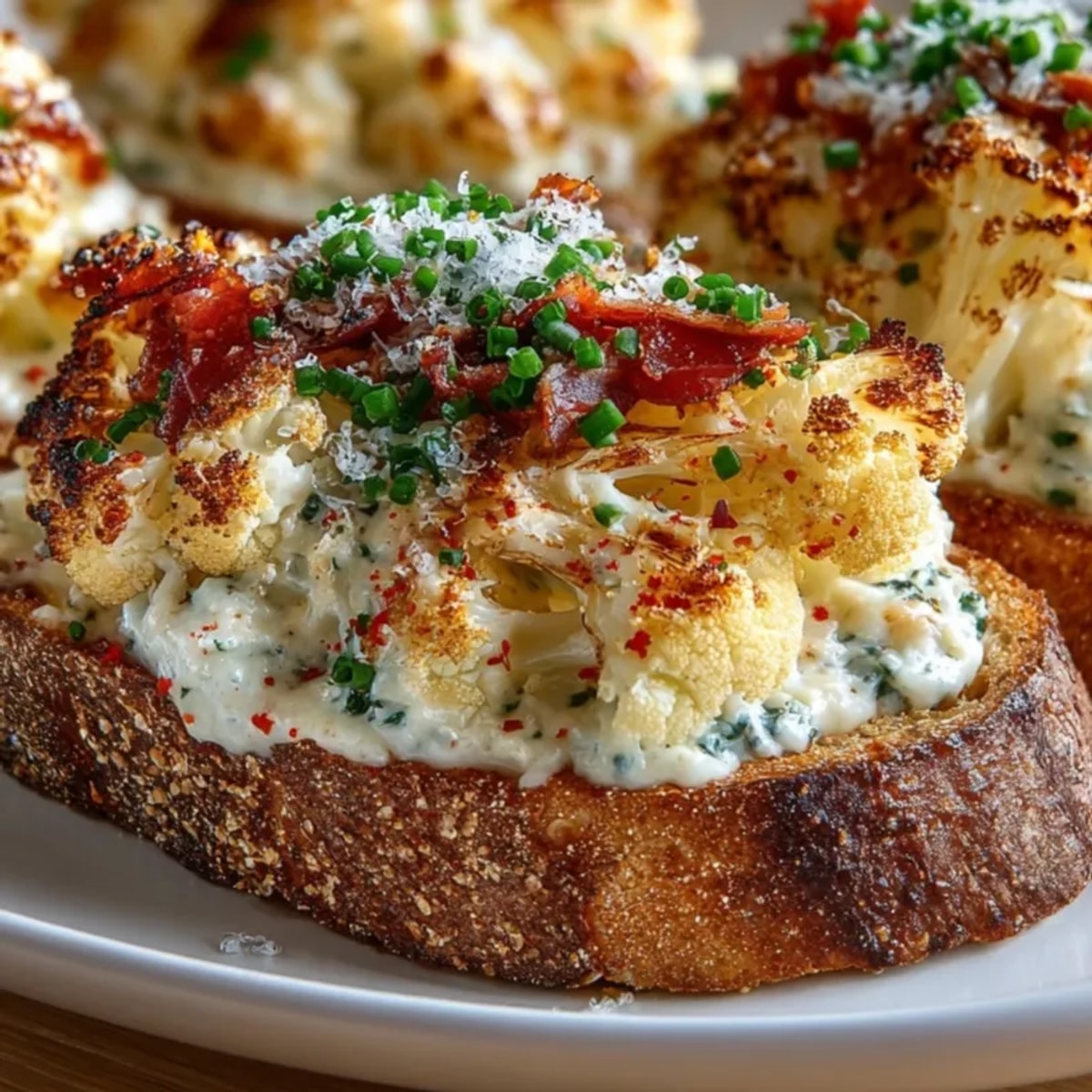 Golden Cauliflower Toasts topped with melted Gruyère and prosciutto, sprinkled with fresh chives