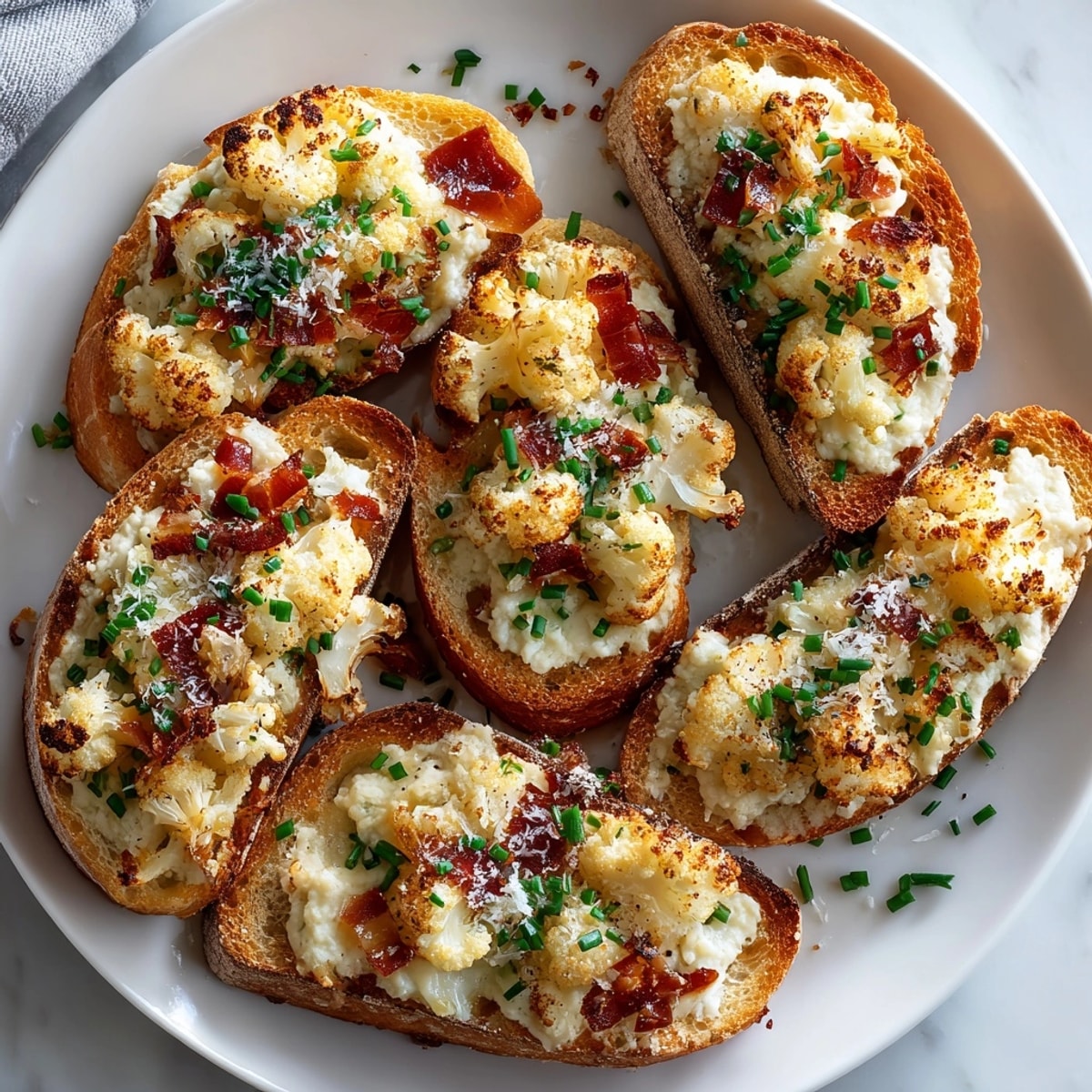 Broiled Cauliflower Toasts served hot, garnished with Parmesan, sea salt, and a dash of paprika