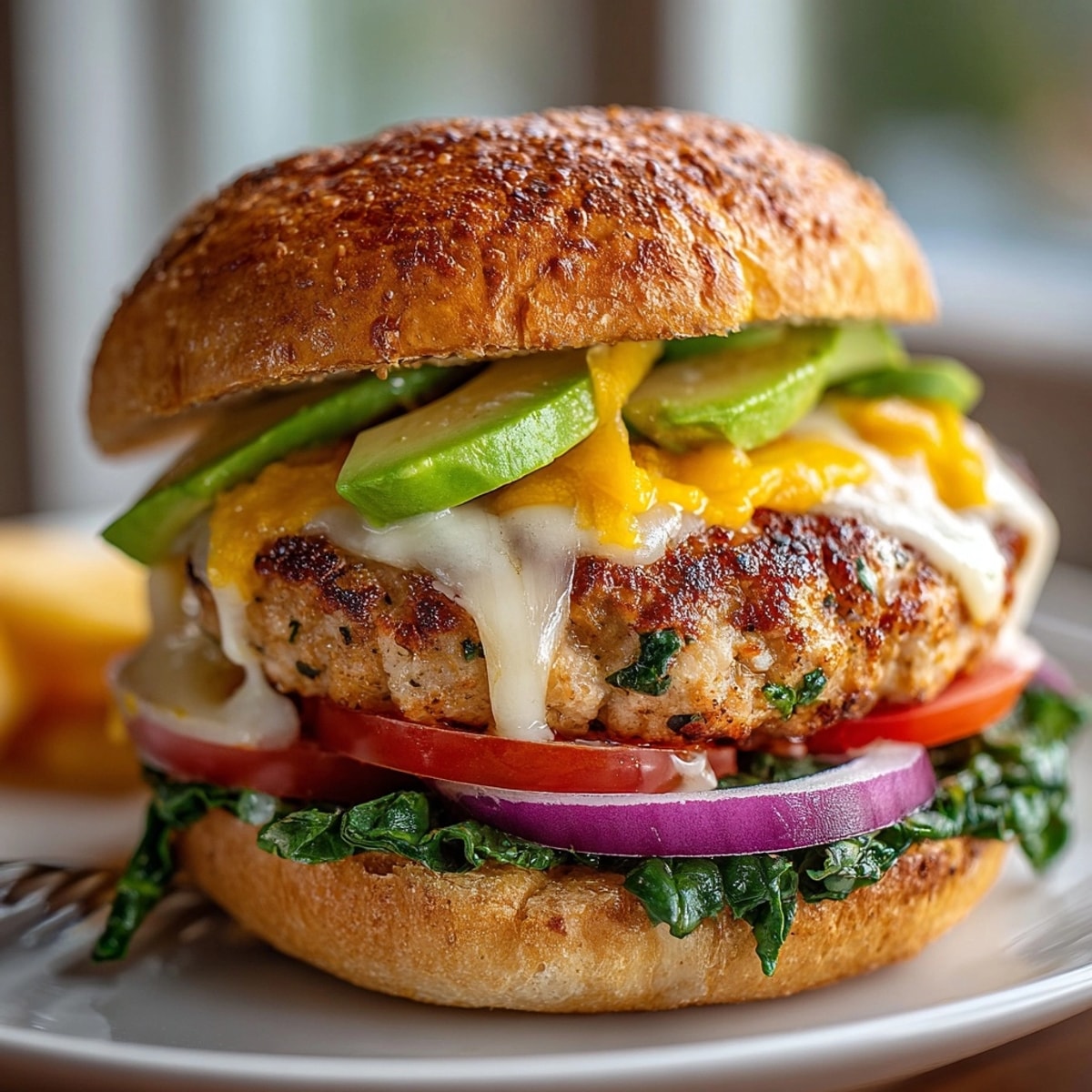 Juicy white cheddar and spinach chicken burgers on toasted buns, topped with fresh veggies.
