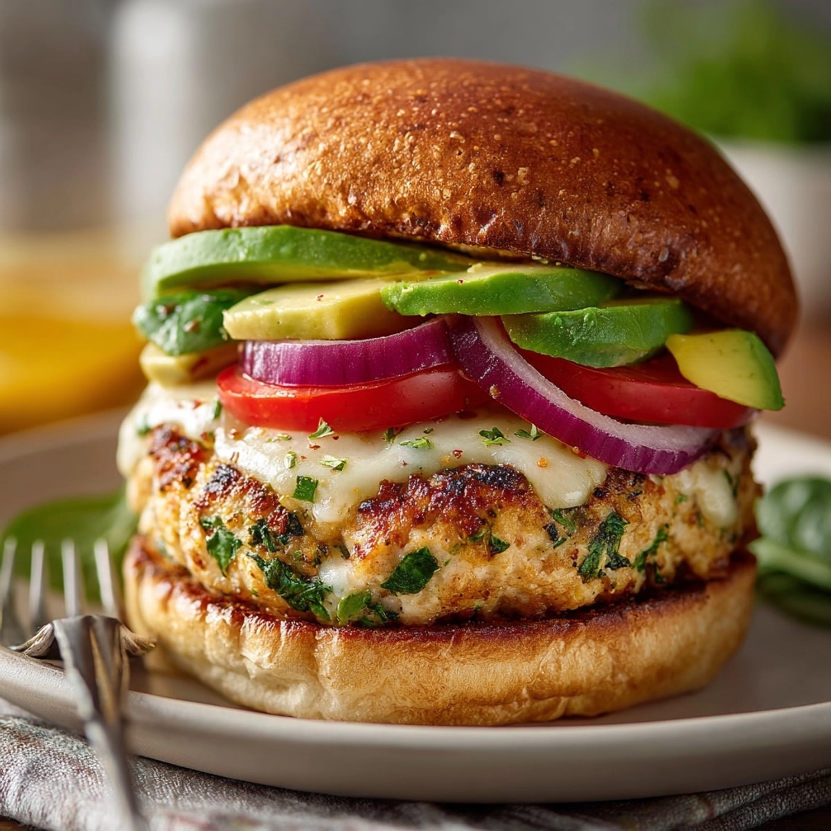 Tender white cheddar and spinach chicken burgers ready to serve, paired with crisp salad greens.