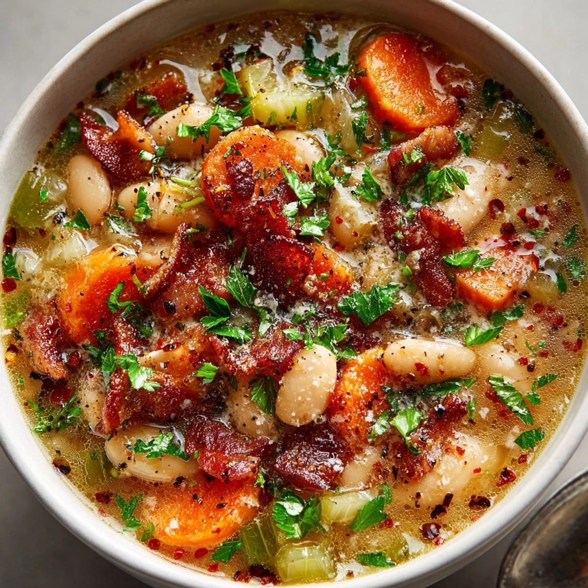Hearty White Bean Soup with Bacon served steaming hot in a rustic ceramic bowl.