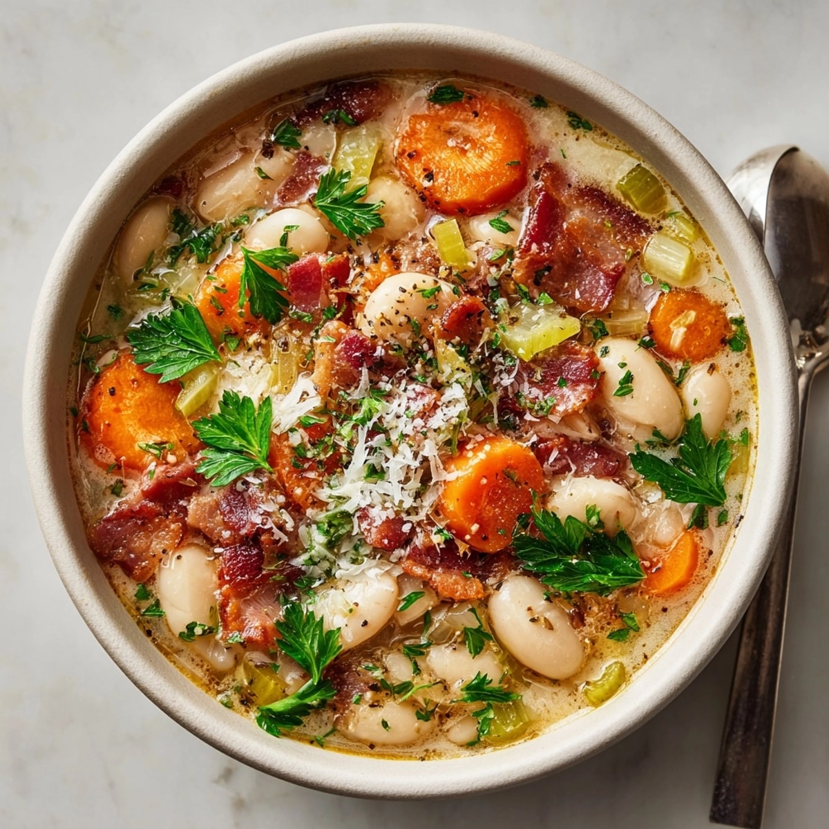White Bean Soup with Bacon in a Dutch oven, rich with tender vegetables and herbs.