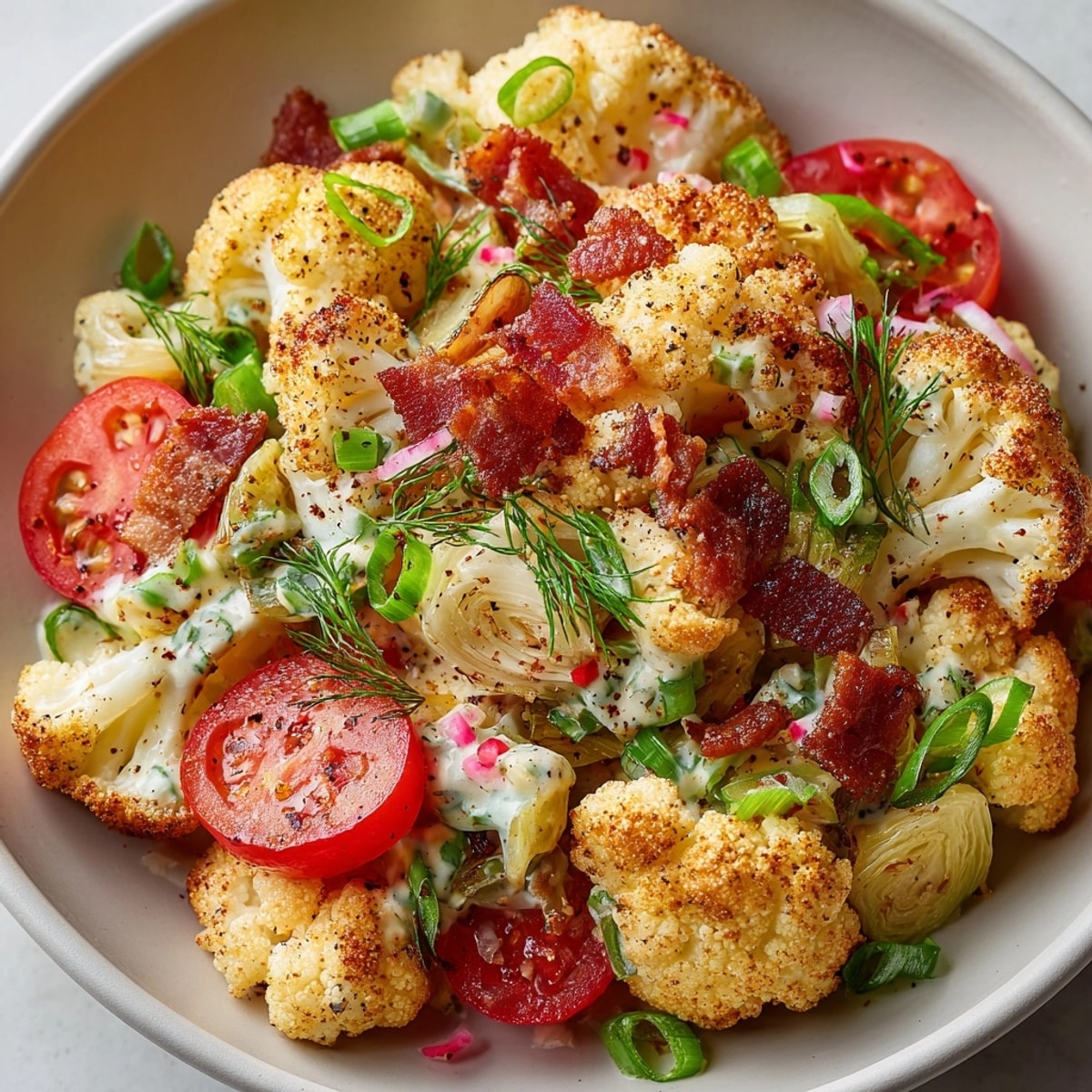 Fresh BLT Cauliflower Salad tossed with crispy bacon and juicy roasted tomatoes in a bowl