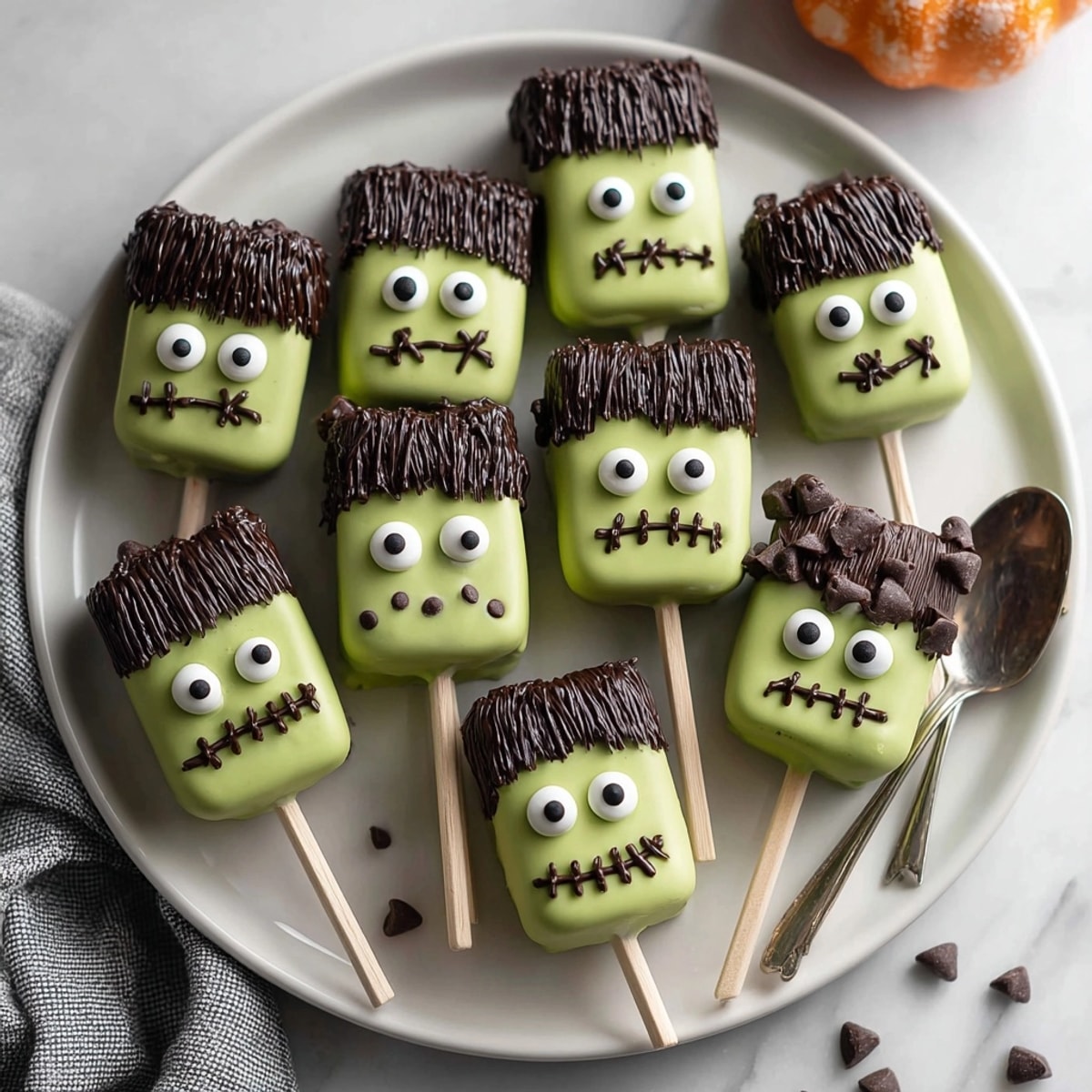 Homemade Frankenstein Marshmallow Pops with melted candy, perfect for parties, showing delightful details.