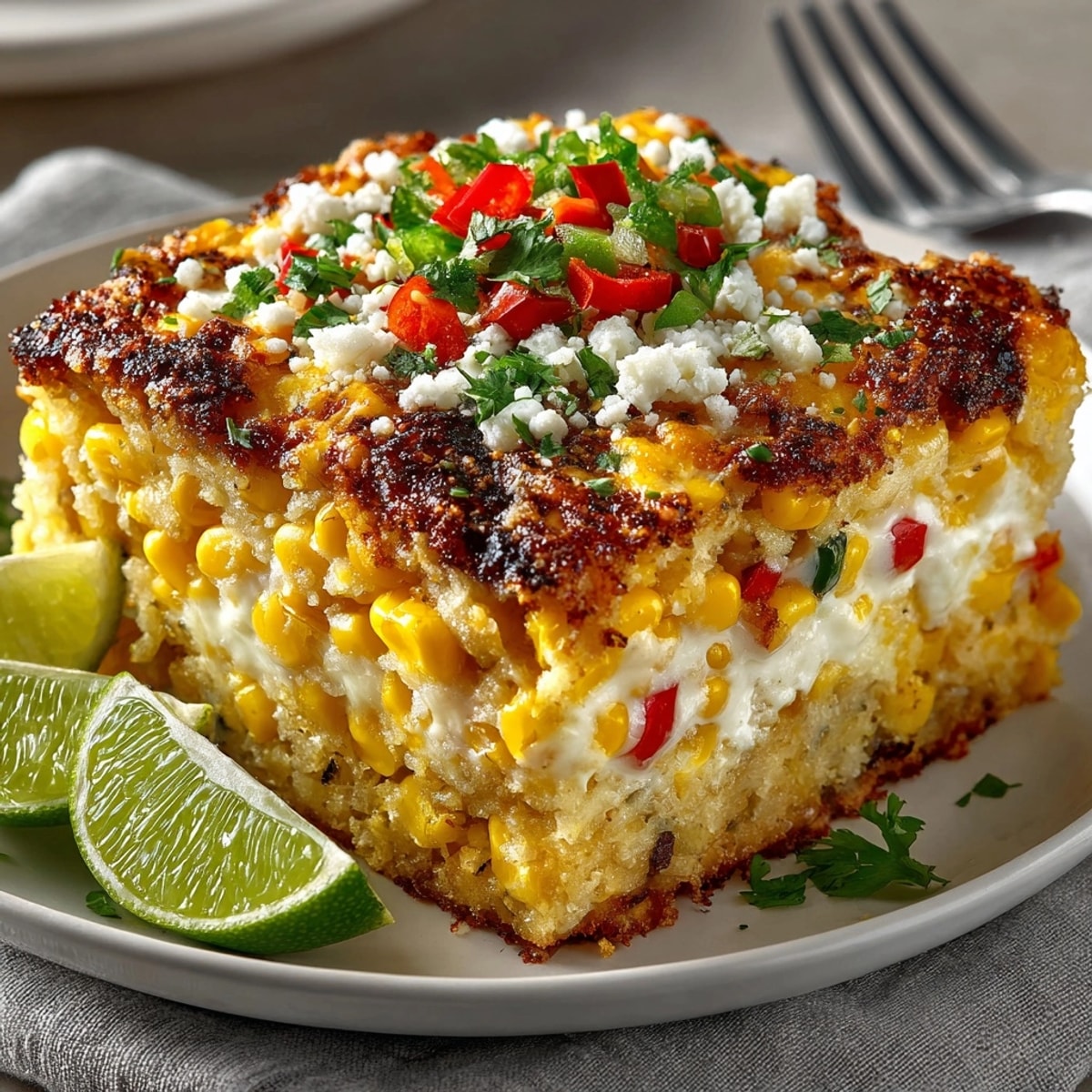 Golden Mexican Street Corn Casserole, bubbly and cheesy, ready to serve with lime wedges.