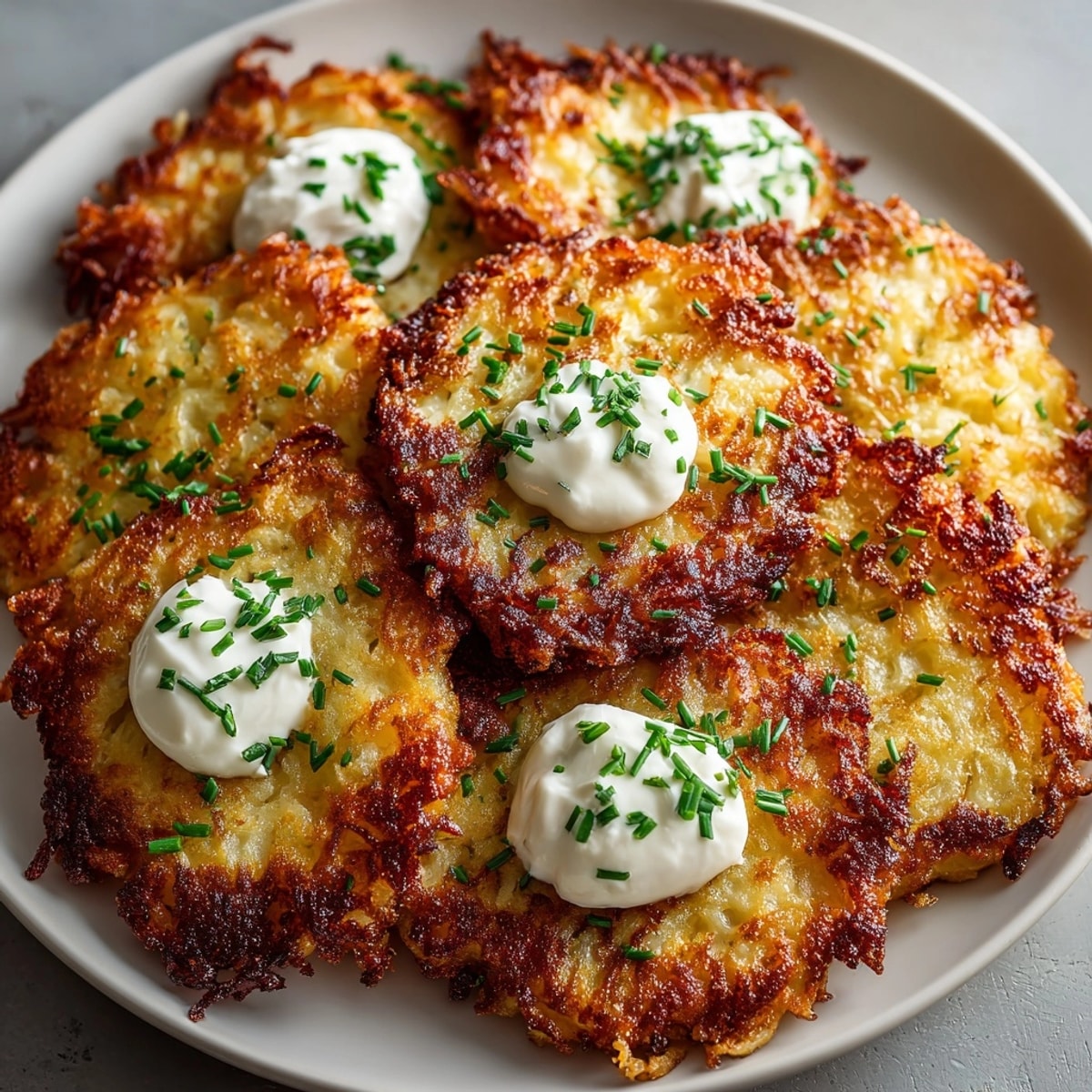 Crispy potato latkes with applesauce and sour cream, a golden-brown fried treat.