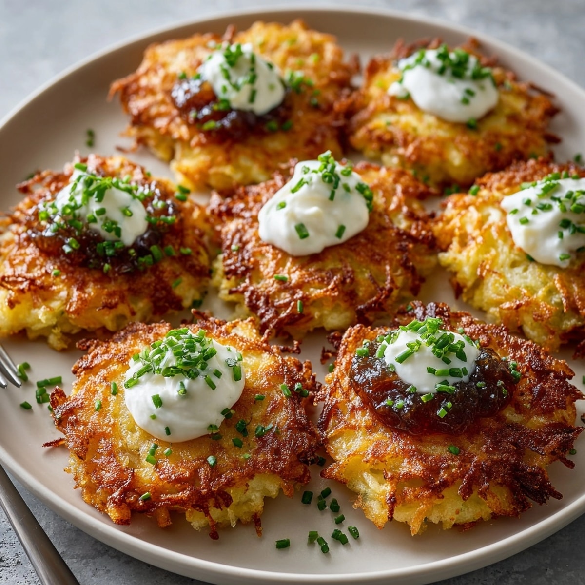 Close-up of golden Crispy Potato Latkes, airy texture hinted at with scattered applesauce.