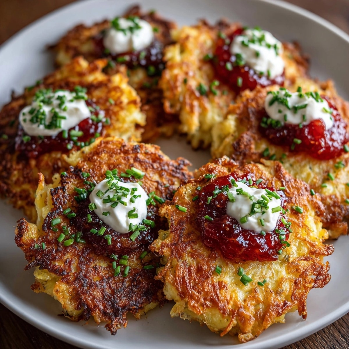 Homemade Crispy Potato Latkes recipe: perfect snack with dollops of creamy sour cream.