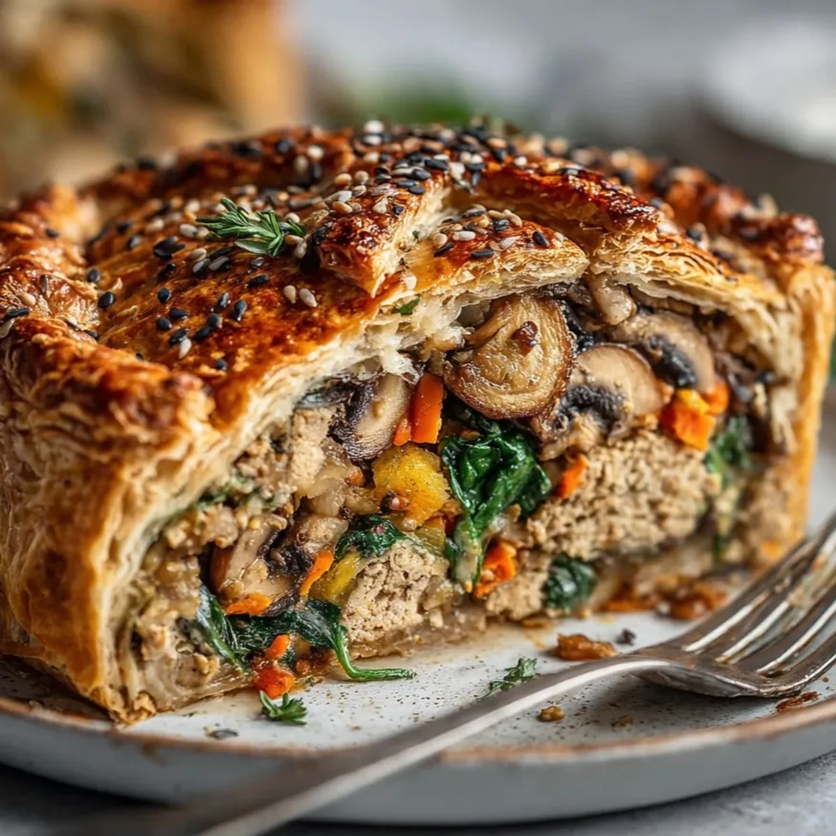 Golden Vegan Mushroom & Chestnut Wellington baking, savory herbs scent the kitchen air.