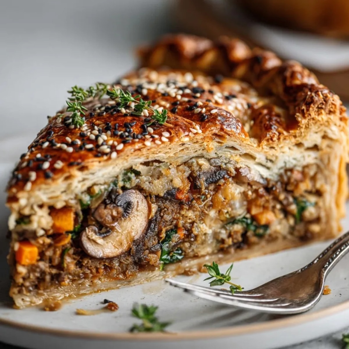 Flaky Vegan Mushroom & Chestnut Wellington centerpiece, sliced, revealing earthy filling.