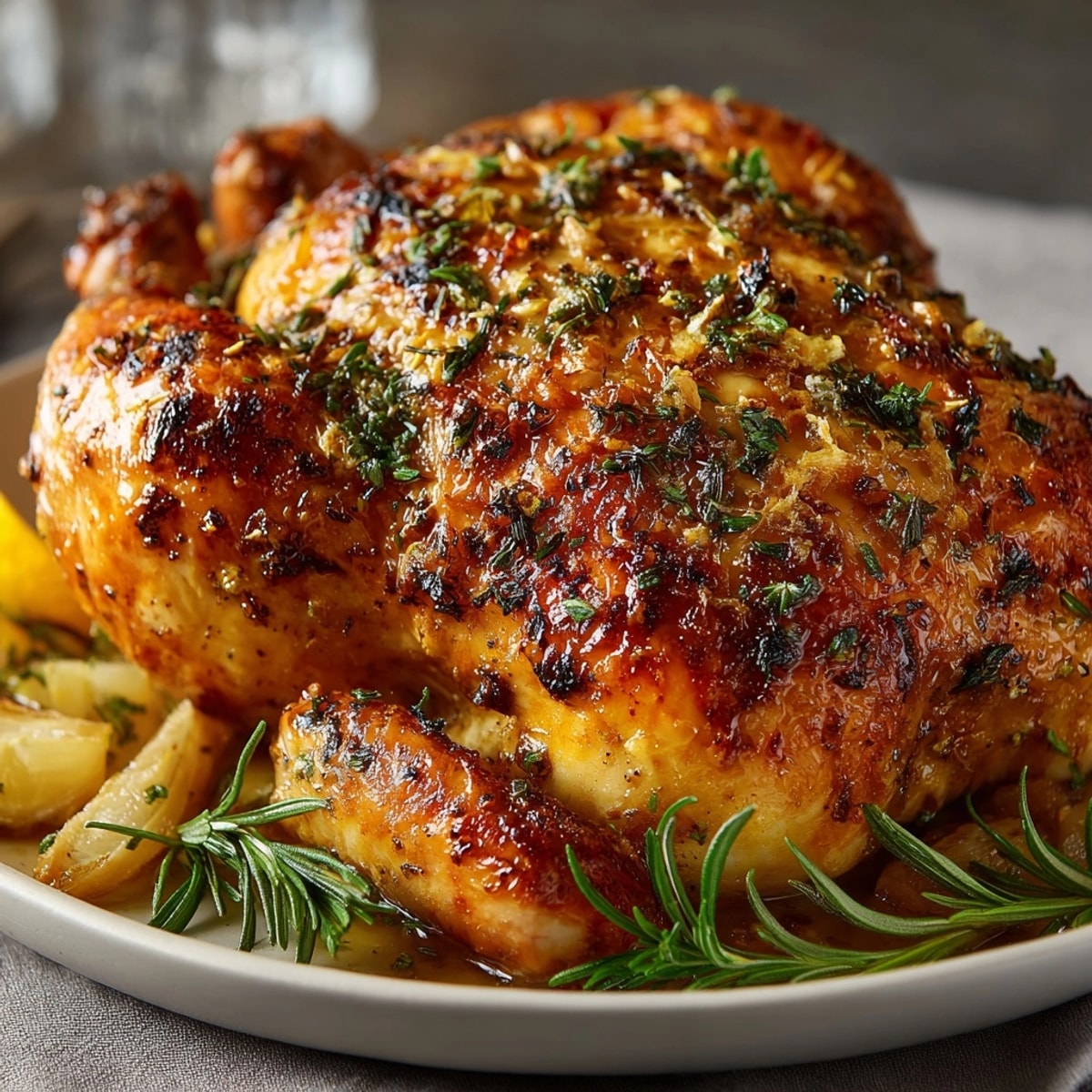 Golden Garlic Herb Roasted Chicken, ready for carving, served among colorful roasted vegetables.