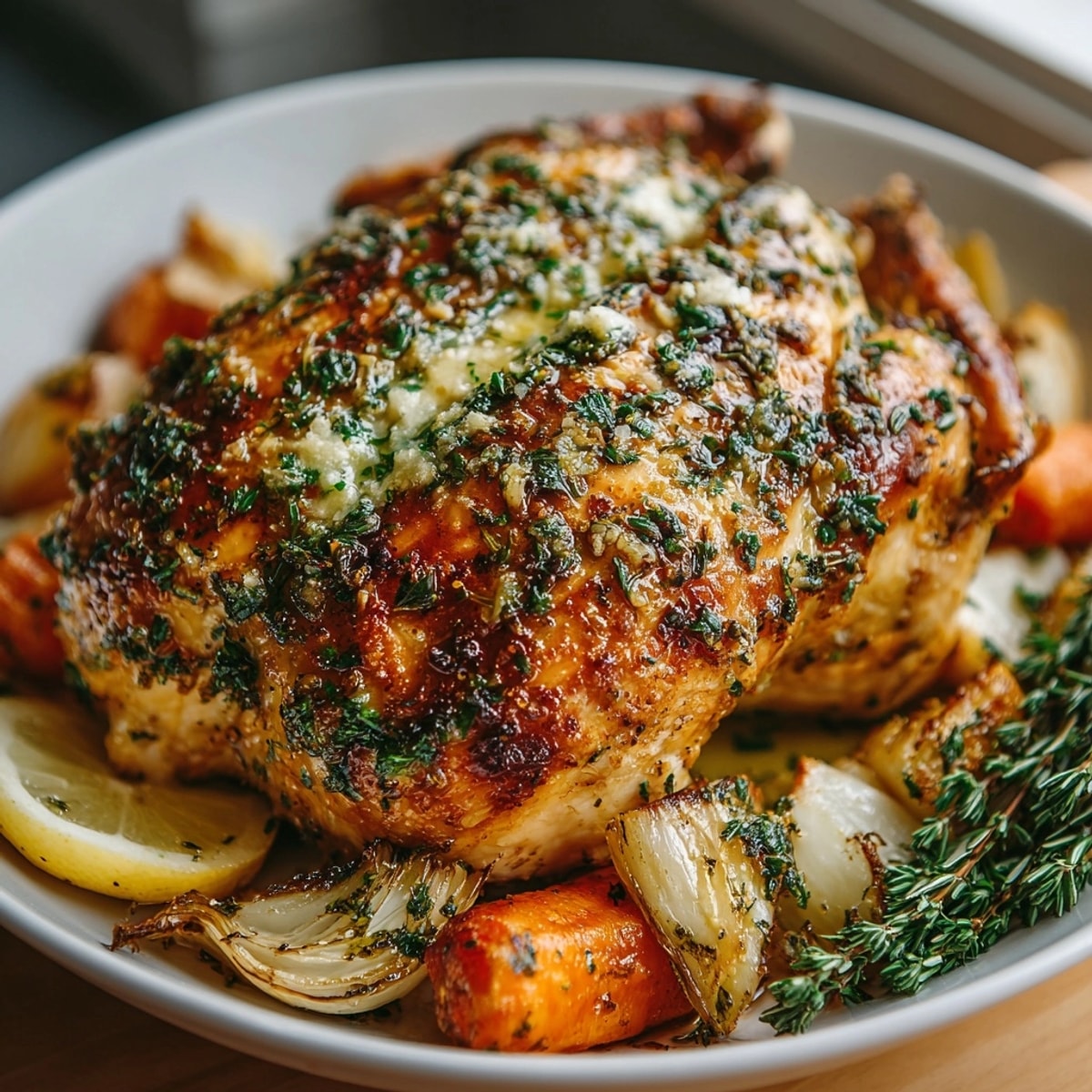 Close-up of Garlic Herb Roasted Chicken with crispy skin, stuffed with lemon and garlic cloves.