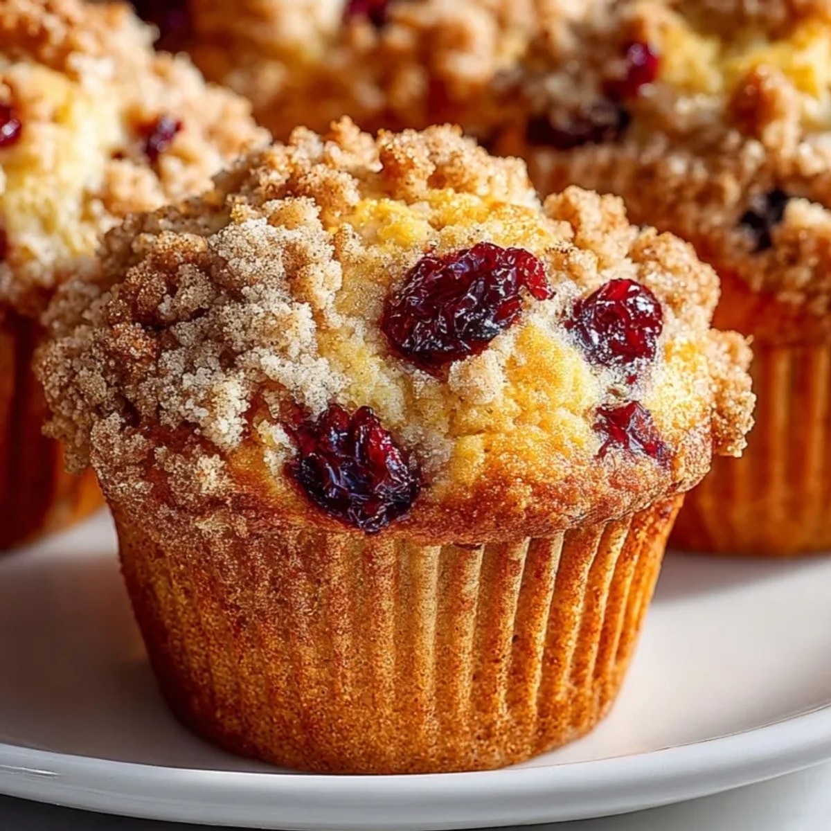 Golden Cranberry Orange Muffins with Streusel Topping, delicious smell of cinnamon baking.
