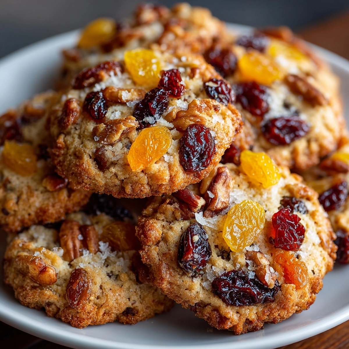 Golden-brown Spiced Holiday Fruitcake Cookies, studded with colorful candied fruit, cooling on racks.