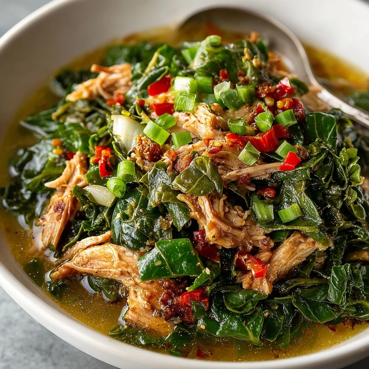 A steaming bowl of Slow Cooker Collard Greens with Smoked Turkey, tender and savory.