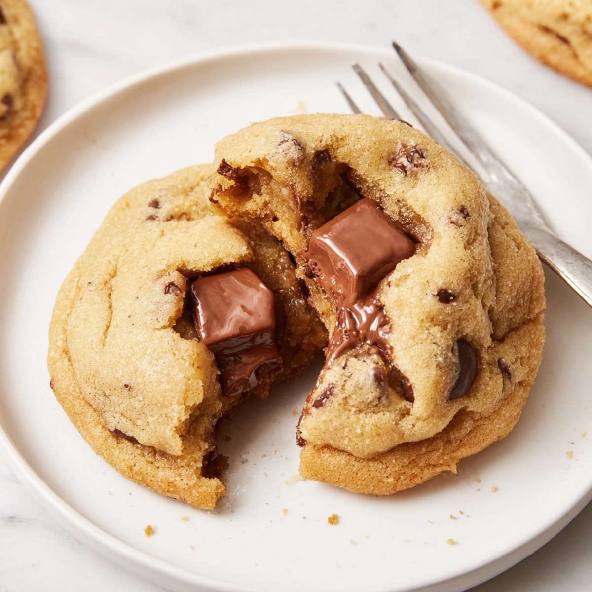 Golden Milk Chocolate Stuffed Cookies, fresh from oven, with melted chocolate oozing out.
