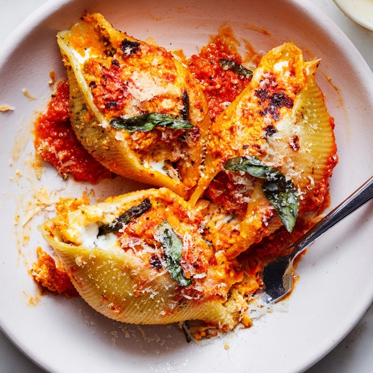 Creamy, comforting Spicy Pumpkin Pesto Stuffed Shells, baked until golden and bubbly.