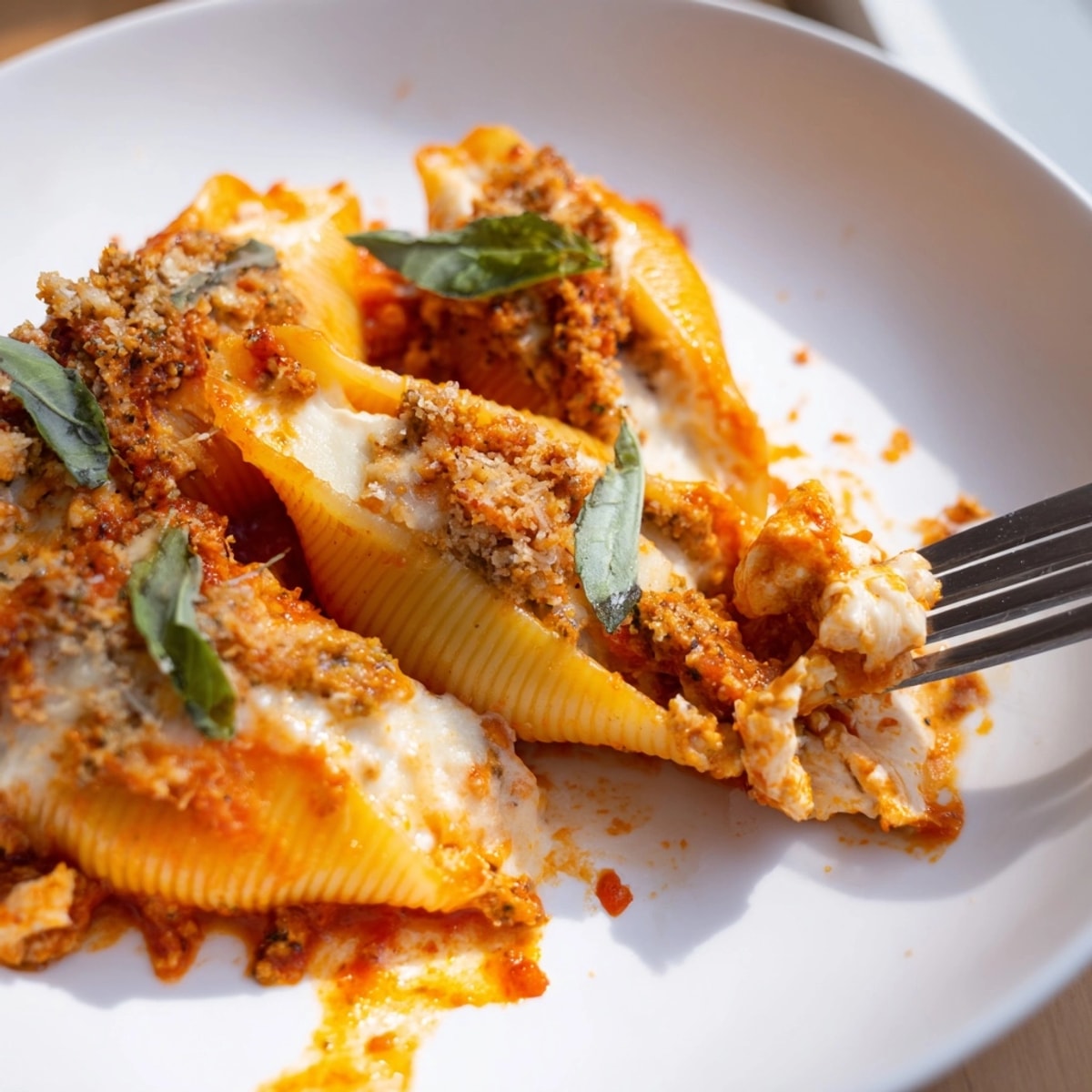 Baked Spicy Pumpkin Pesto Stuffed Shells: a cheesy, warmly spiced vegetarian Italian delight.