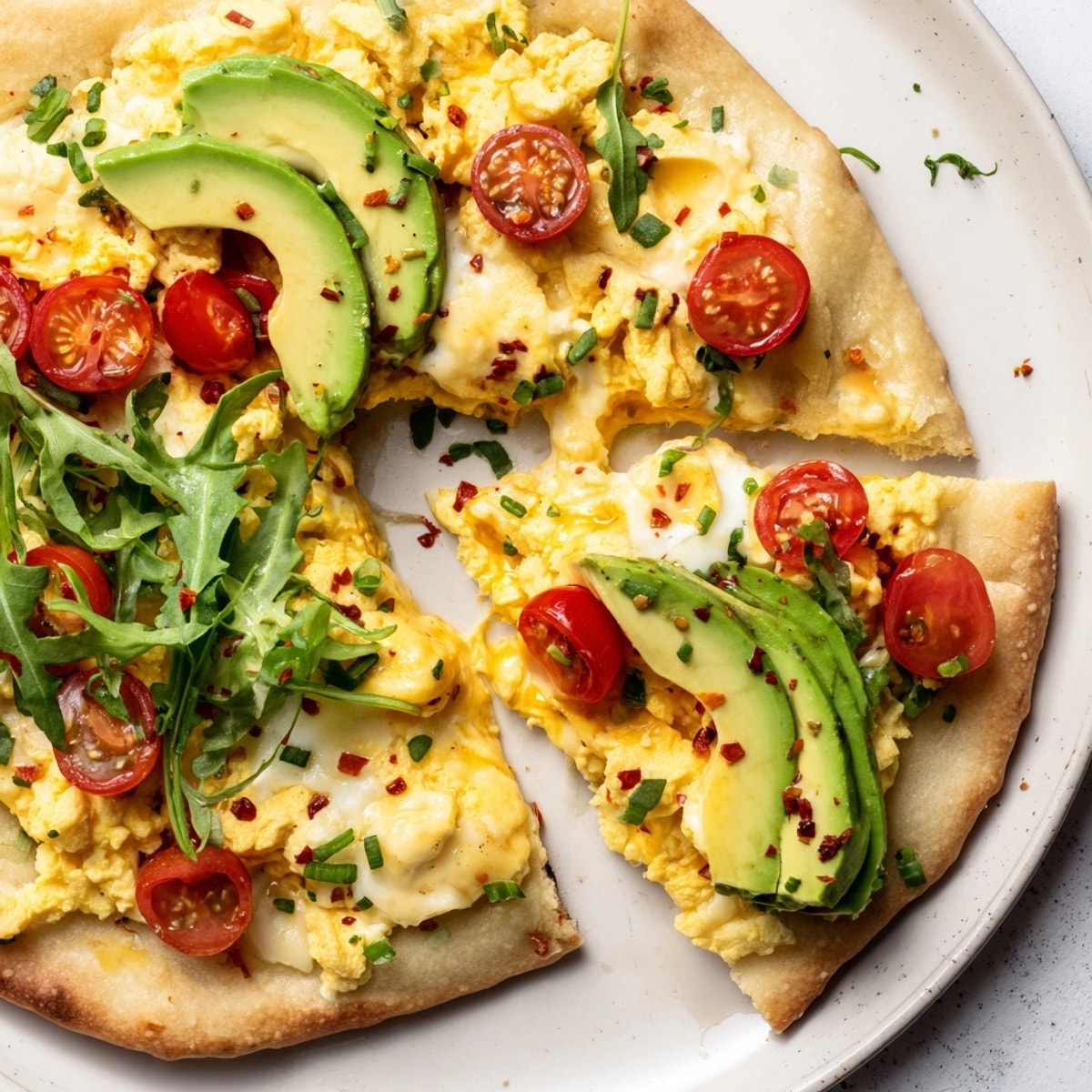 Creamy Avocado Scrambled Egg Breakfast Pizza: Golden crust piled high with vibrant toppings.