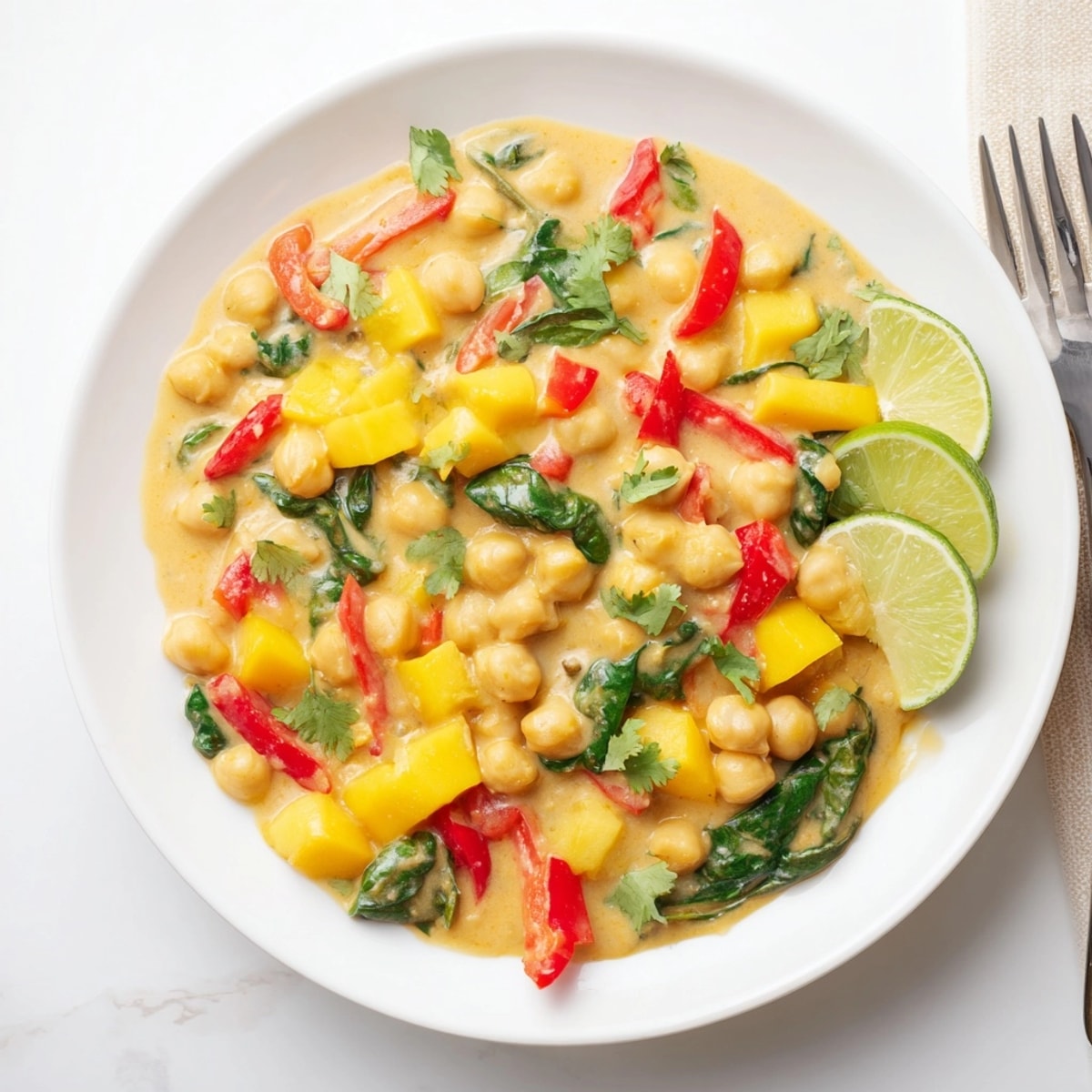 Close-up on a warm, colorful Mango Curry Chickpea Skillet, ready to serve.