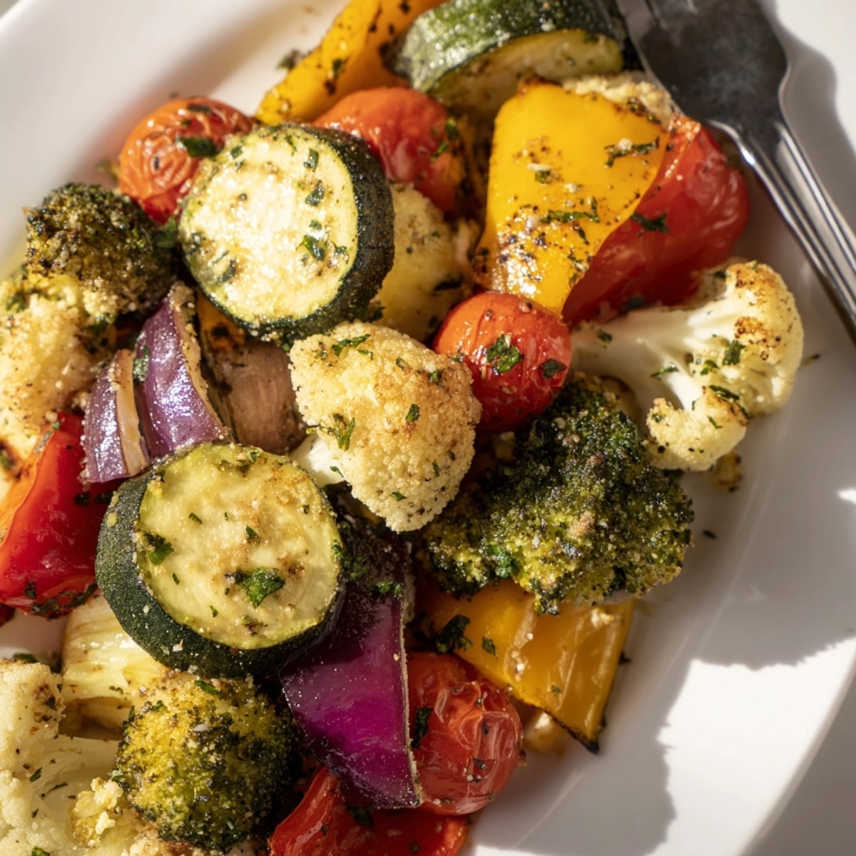 Golden Garlic Parmesan Roasted Veggies, ready to serve as a flavorful, healthy side.