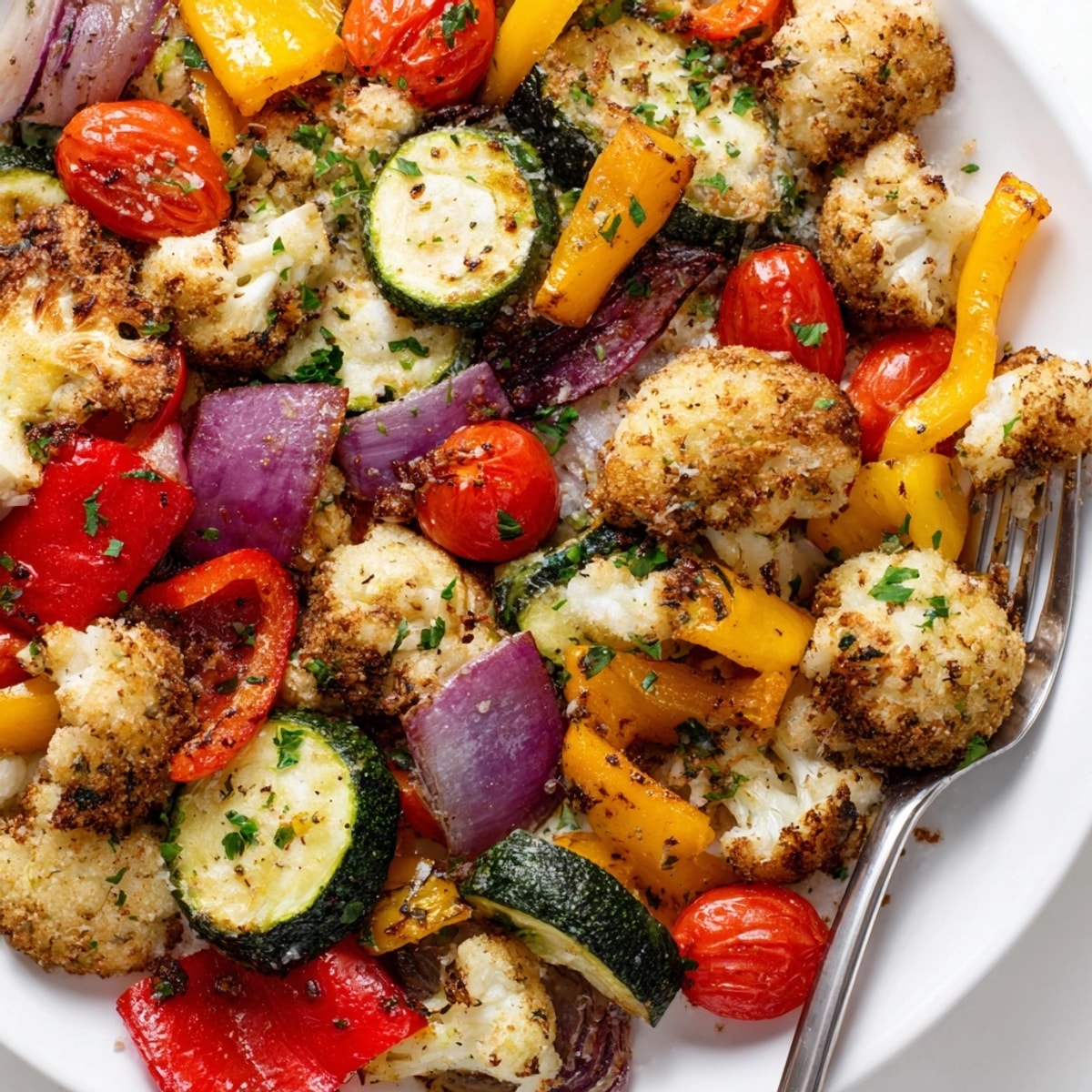 Making Garlic Parmesan Roasted Veggies: Tossed with herbs, nestled on a parchment-lined baking sheet.