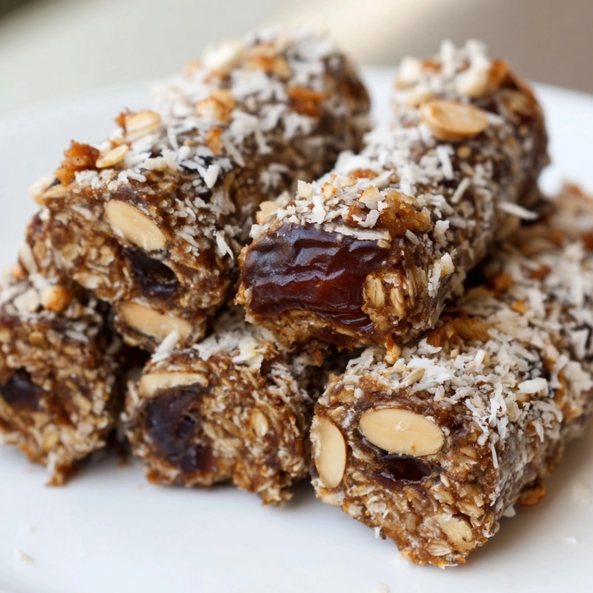 Creamy peanut butter cinnamon date rolls, a no-bake vegan dessert sprinkled with chopped nuts.