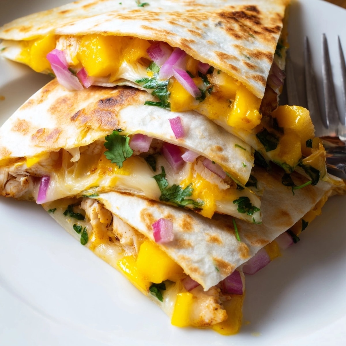 Golden Mango Chipotle Chicken Quesadillas, oozing with cheese and filled with vibrant ingredients.