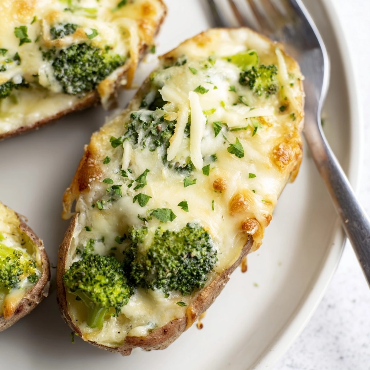 Creamy Alfredo Broccoli Stuffed Potato Skins, baked until crisp, ready to enjoy as a vegetarian appetizer.