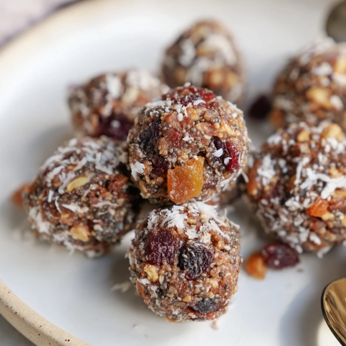 Deliciously sweet Spiced Holiday Snack Energy Balls, rolled in shredded coconut bliss.