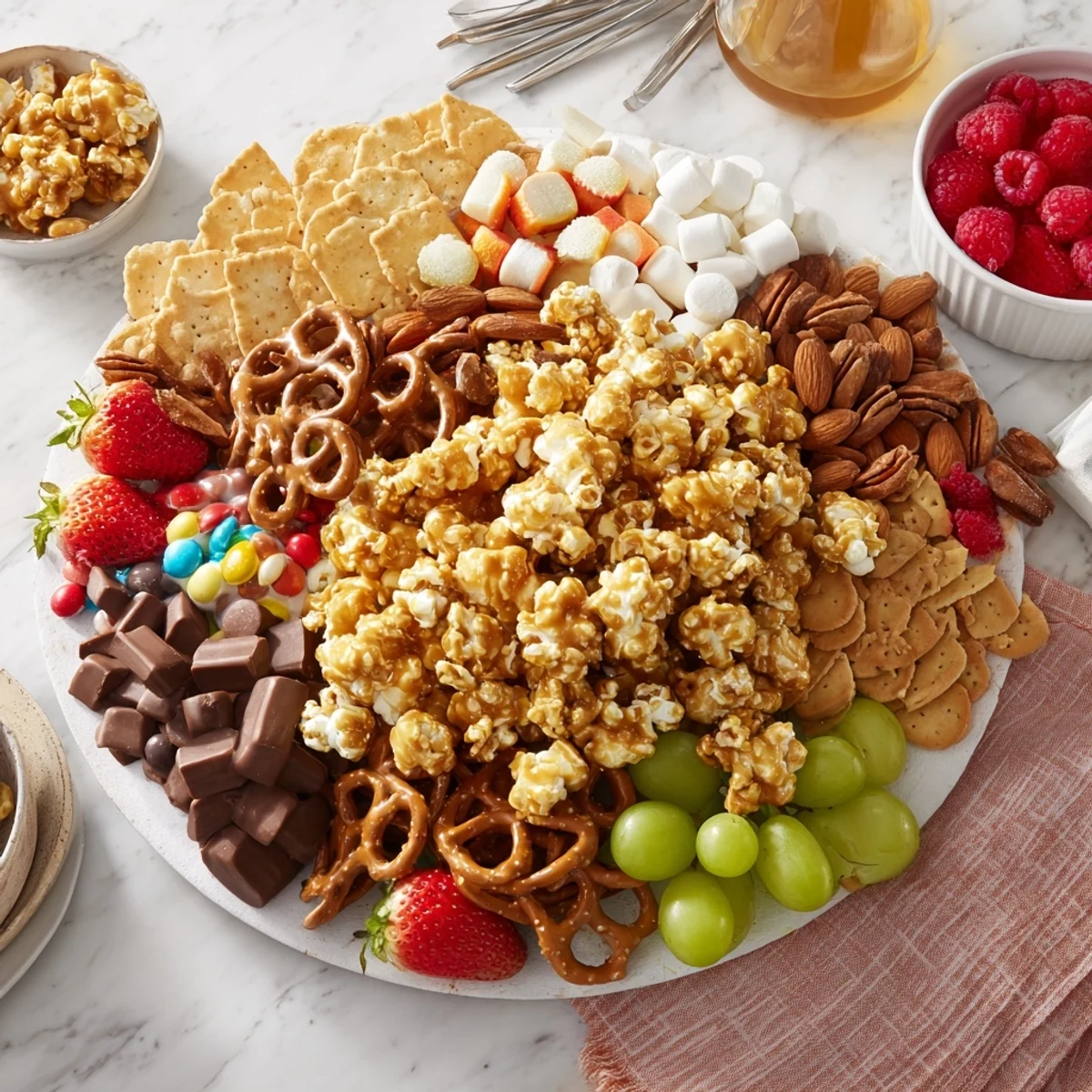 A colorful Caramel Popcorn Charcuterie Board with chocolates, fresh fruits, and nuts.  