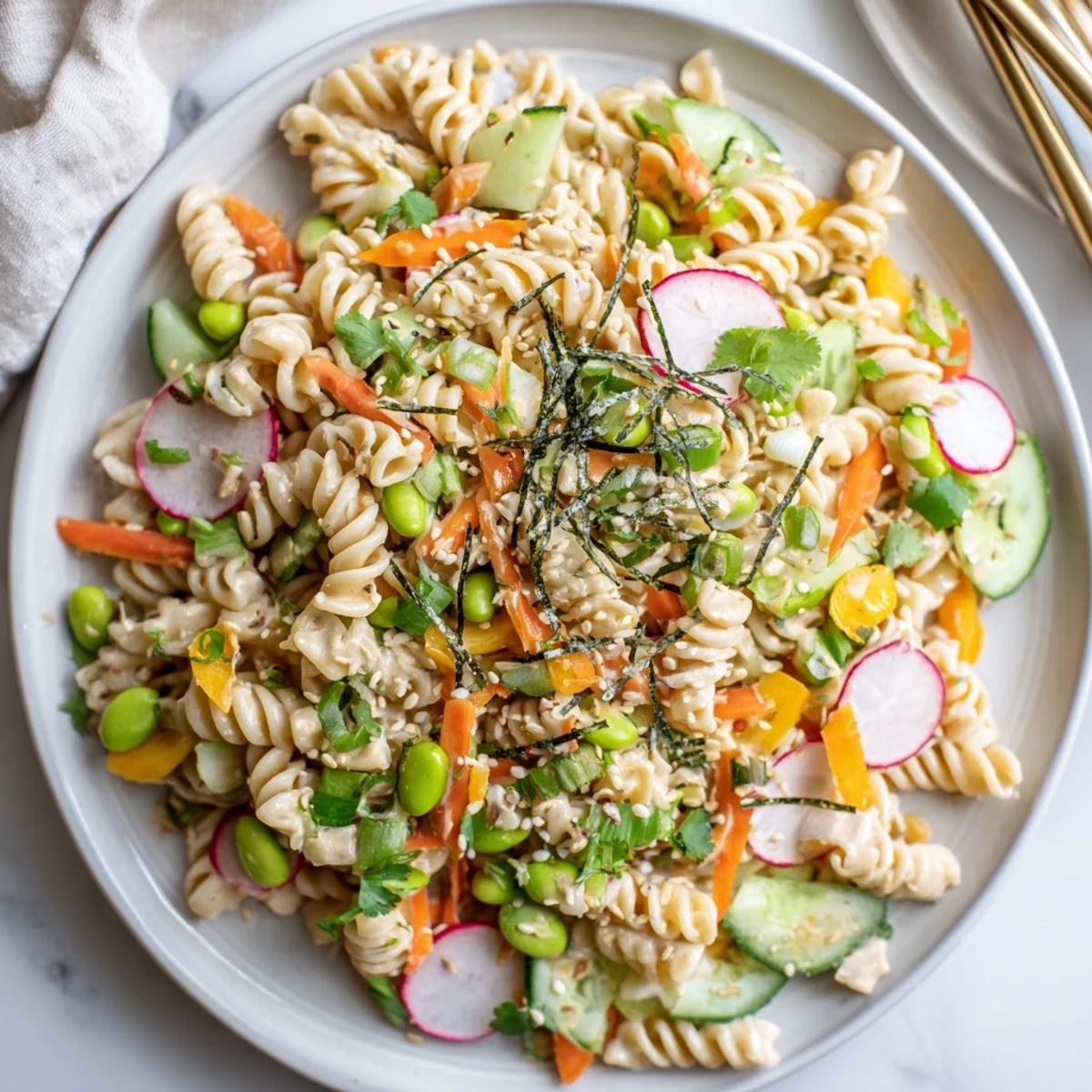 Colorful Japanese Miso Pasta Salad topped with sesame seeds and fresh vegetables.  