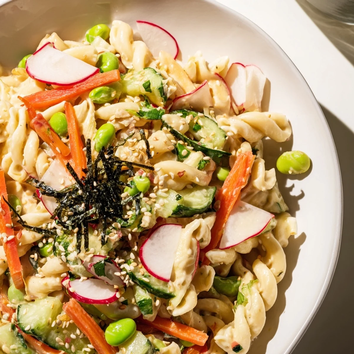 Savory Japanese Miso Pasta Salad with vibrant veggies, ideal for a refreshing lunch.  