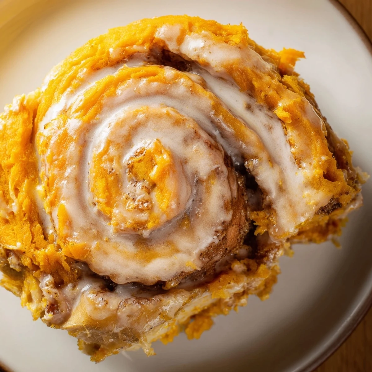Fluffy Thanksgiving Sweet Potato Cinnamon Roll Dessert drizzled with cream cheese glaze.  