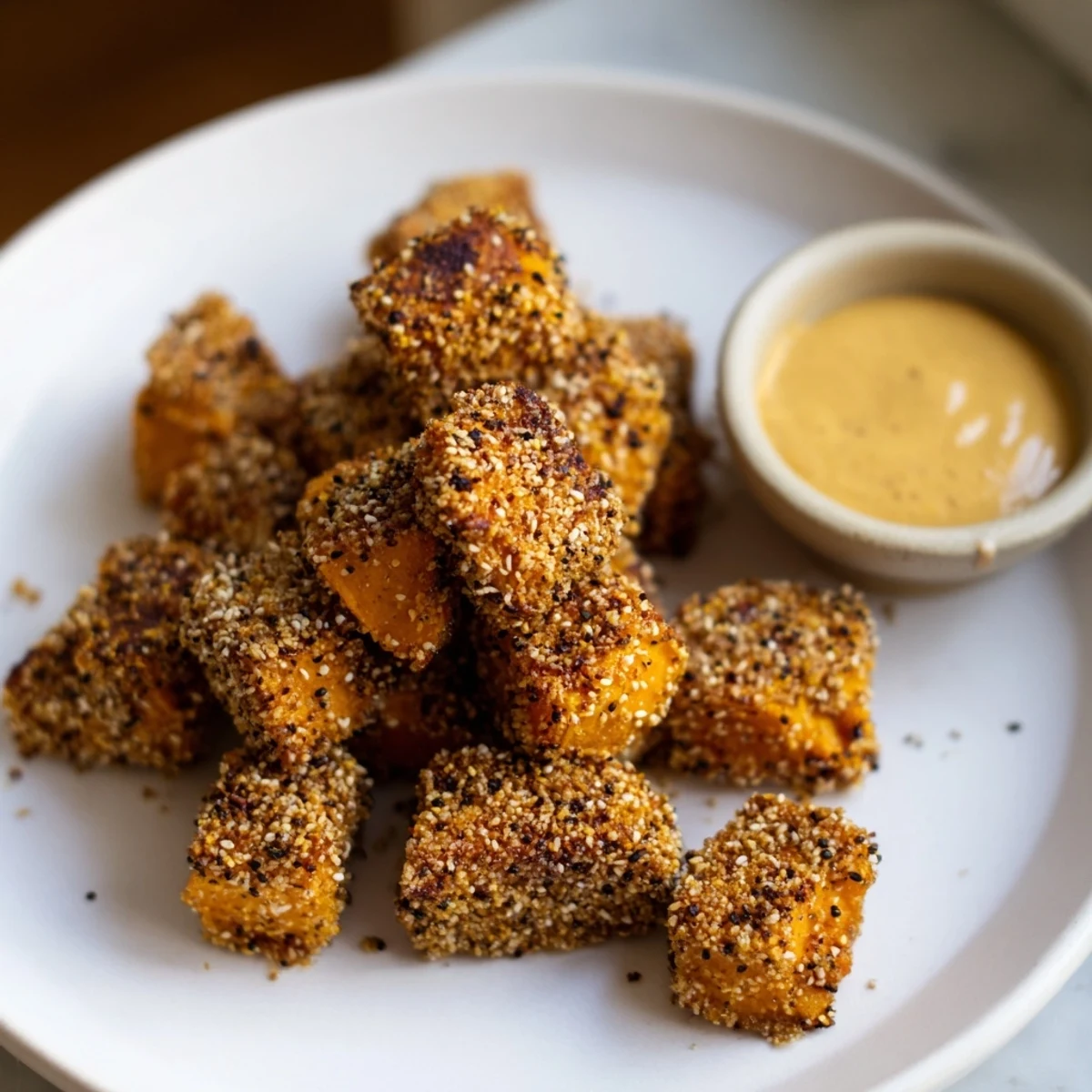 Delicious Sweet Potato Pretzel Crusted Bites served warm with spicy honey mustard dip.