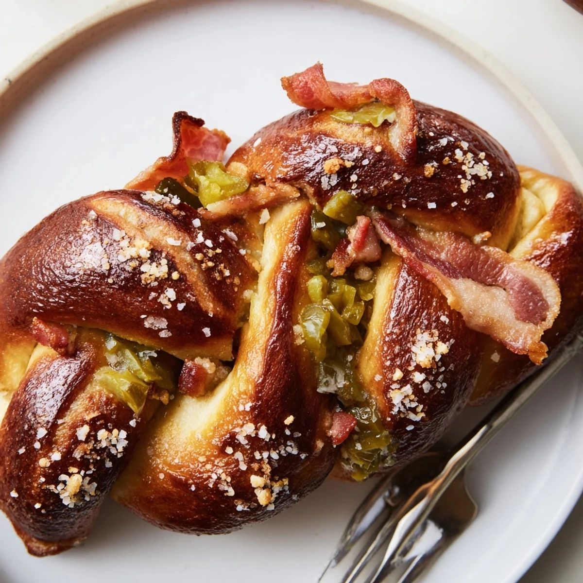 Warm Spicy Pickle Bacon Pretzel Twists, bursting with flavor and a hint of heat.