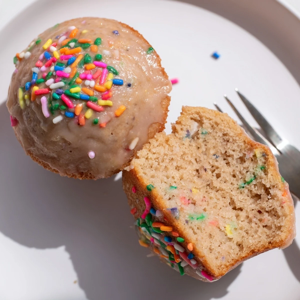 Moist Funfetti Java Muffin Donuts drizzled with coffee glaze and colorful sprinkles.  