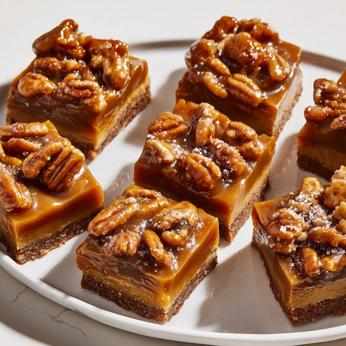 Chewy root beer caramel pecan bites drizzled with melted caramel and sea salt.  