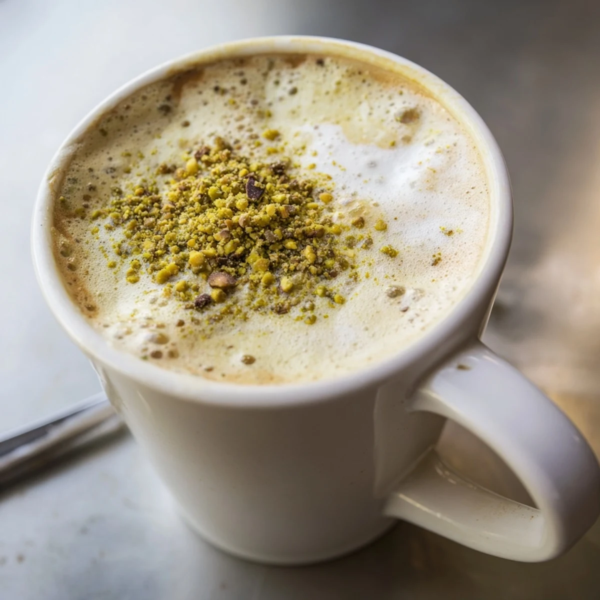 Creamy pistachio milk latte topped with crushed nuts, perfect for cozy mornings.  